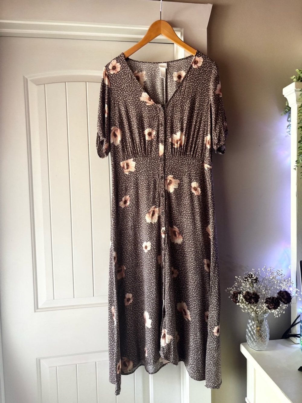 H&M Brown Dress with Soft Pink Floral Print